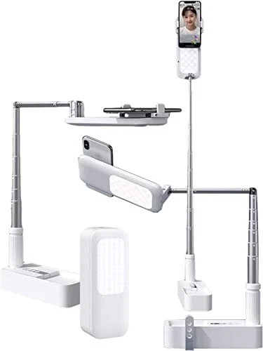 Foldable Video Recording Phone Holder Rechargeable LED Light Stand Remote White
