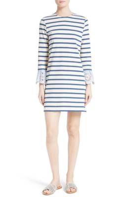 SEA New York Navy Blue Beige Stripe Eyelet Long Sleeve Trim Cotton Dress S 4 US