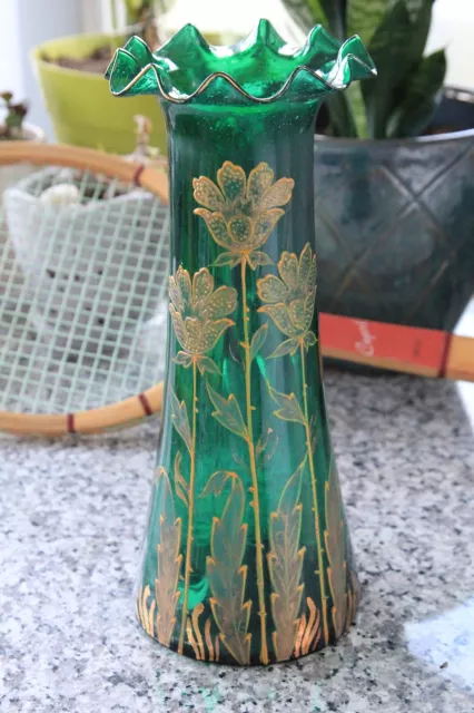 Vase Emerald Green Floral Enamel Art Glass Hand Blown - Vintage