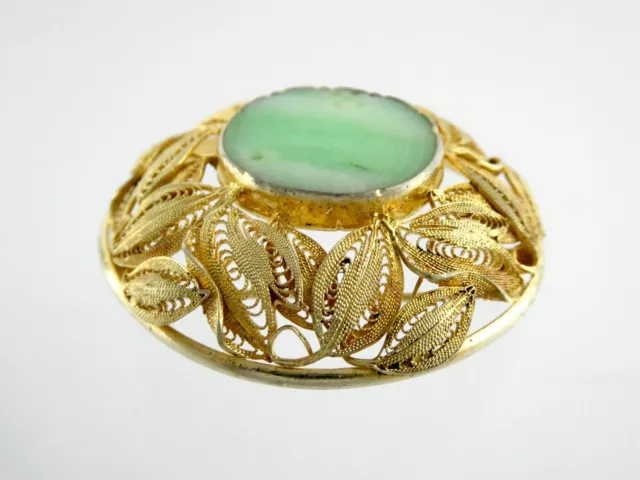 Vintage Chinese Export Gilded Sterling Silver Filigree Carved Apple Jade Pin 15g 3