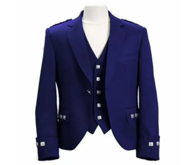 Mens Blue Argyle Kilt Jacket And Vest Scottish Highland Blazer Wool Kilt Jacket