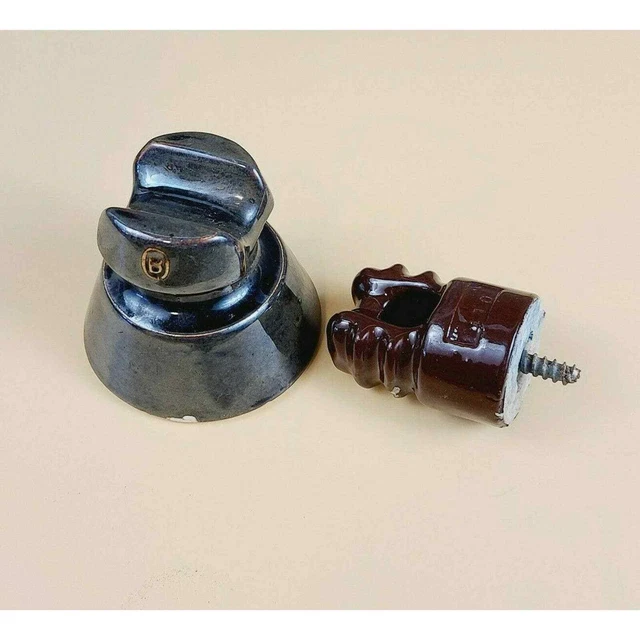 Vintage Porcelain Insulator Brown 410 Ribbed Pin Gray Glazed Ohio Brass Lot 2