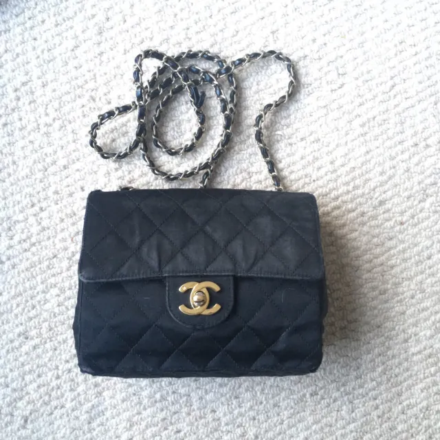 Chanel Vintage Black Mini Square Bag in Black Satin with 24k Gold Hardware