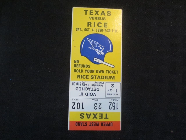 Texas Longhorns Football Ticket  VS Rice Owls Oct 4, 1980