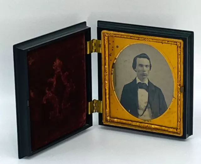 1800's TINTYPE in Union Case Young Man Waistcoat Tie Colorized Cheeks Velvet