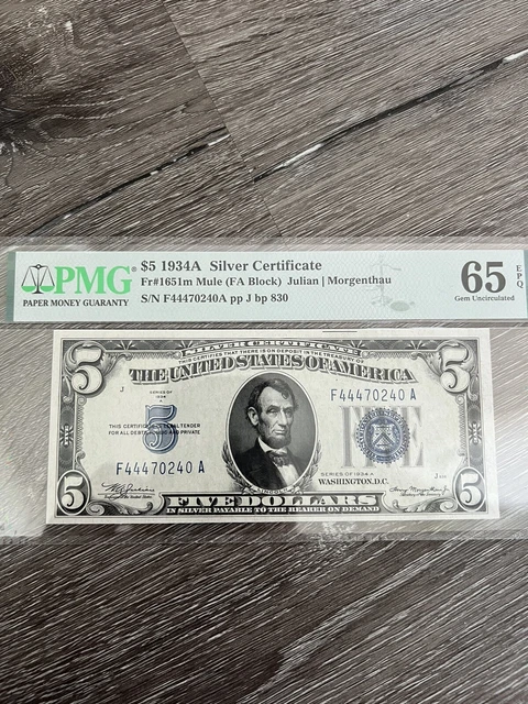 1934 A $5 SILVER CERTIFICATE NOTE FR.1651m MULE DA BLOCK PMG GEM UNC 65 EPQ
