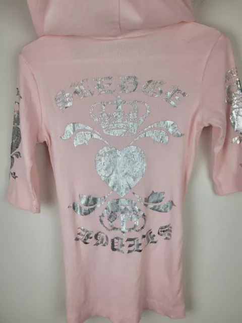 Sledge USA Top Teens Womens Large Pink Thermal Hoodie Silver Crown Bikercore Y2K