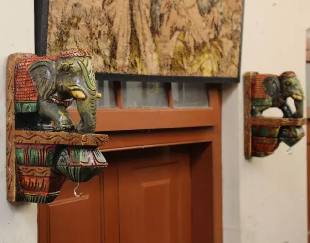 Wooden Corbel Pair Small Wall Bracket Elephant Statue Lamp Hanger Vintage Decor