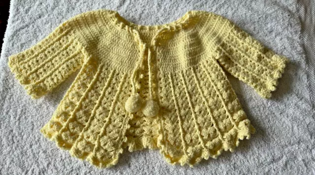 Vintage Hand Crocheted Yellow Baby Sweater w/ Pom Poms