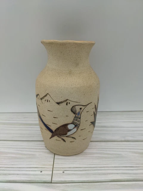Mexican Artisan Pottery Vase Road Runner Bird Hand Painted 5.5" Southwest Decor