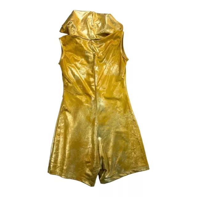 Gold hooded bodysuit costume metallic funky front zip jumpsuit 30” bust