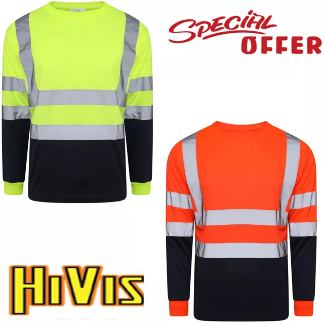 Mens T Shirts High Visibility Long Sleeve Hi Viz Reflective Tape Work Tee Top