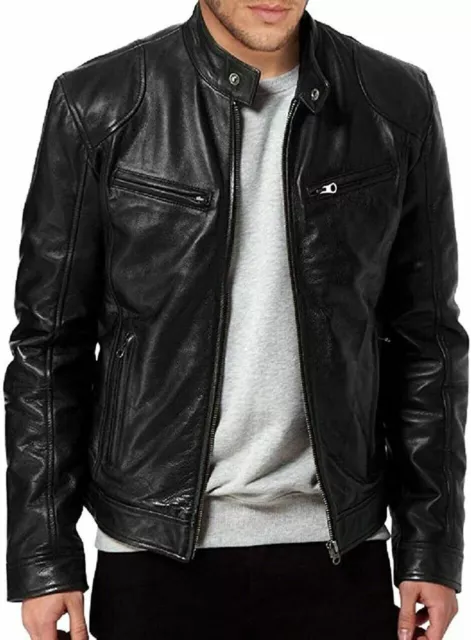 Men's Lambskin Leather Jacket Black Stylish Biker Motorcycle Short Cafe Racer