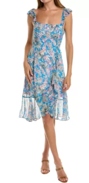 Socialite Floral Flutter MIDI Dress Women’s Size Médium Blue Lined