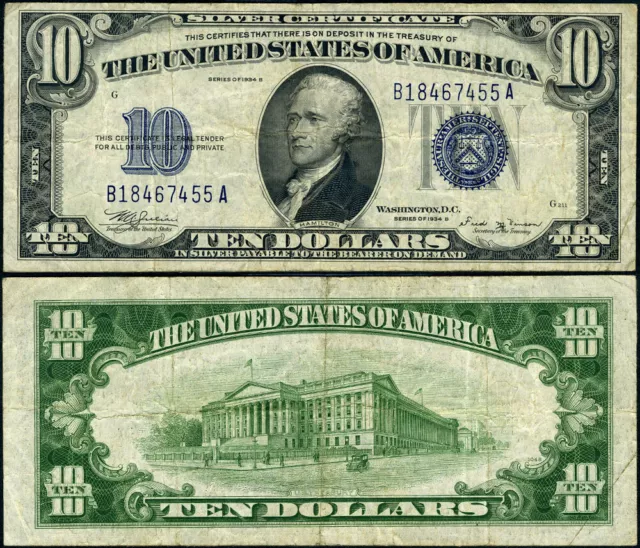 FR. 1703 $10 1934-B Silver Certificate B-A Block VF
