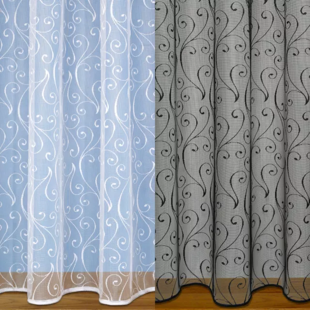 Net Curtains Scroll Design With Rod Slot & Weighted Base - Voile Net Curtains