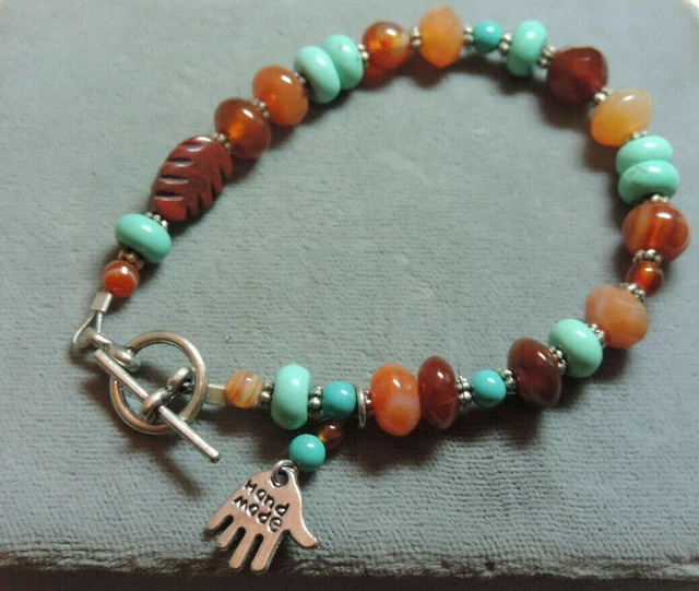 Hand Made Turquoise Carnelian Agate Bead Silver toggle 7.5" Bracelet  Cf 99.6