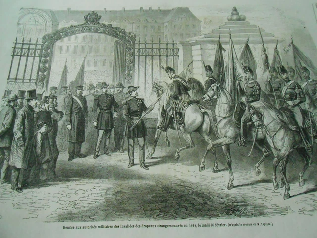 Gravure 1865 - Remise autorités militaires des drapeaux étrangers sauvés en 1814