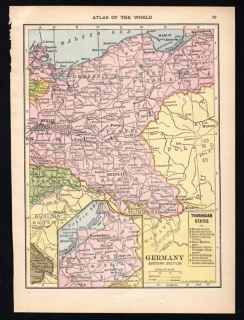 1911 Original  Map of Germany East Section (Prussia) on rev. Sweden, Norway,Den.