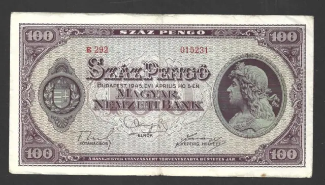 100 Pengo Very Fine  Banknote Hungary  1945  Pick-111