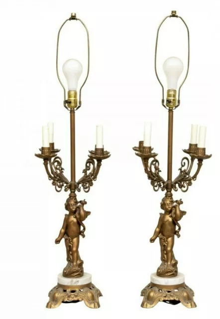 Pair Of Vintage Figural Cherub Candelabra Lamps Midcentury M.c. Co