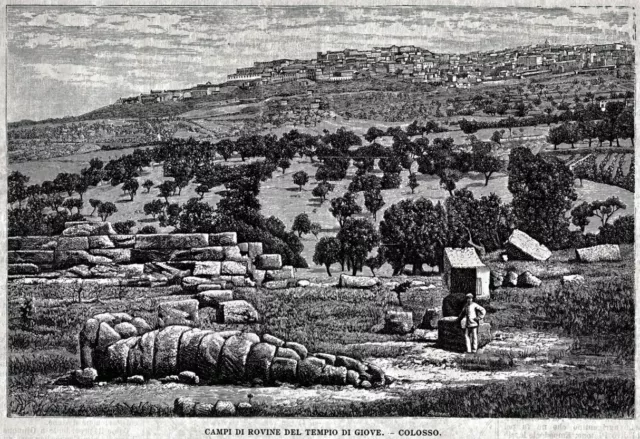 Agrigento: panorama dal tempio di Giove. Grande veduta. Stampa antica del 1892 2
