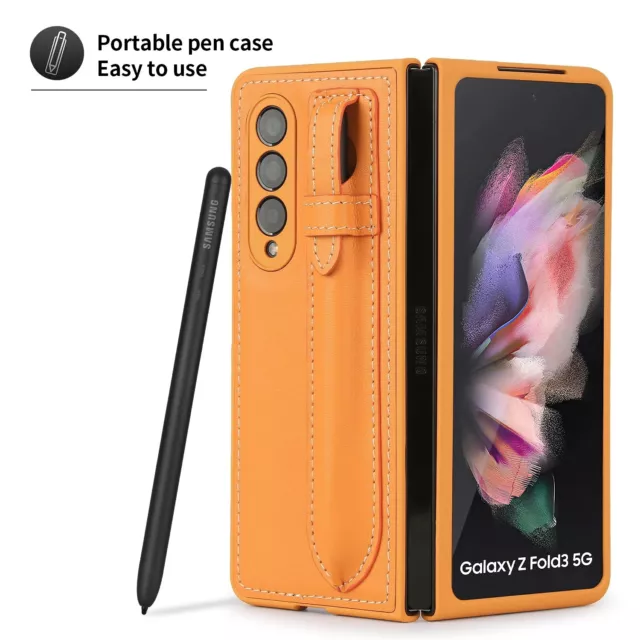 Genuine Leather Samsung Galaxy Z Fold 5 4 3 S-Pen Slot Holder Sleeve Bumper Case