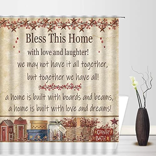 Rustic Country Shower Curtains Primitive Barn Texas Star Berry Birdhouse Rela...