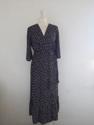 Zara Navy Blue Polka Dot Midi Wrap Dress Size S