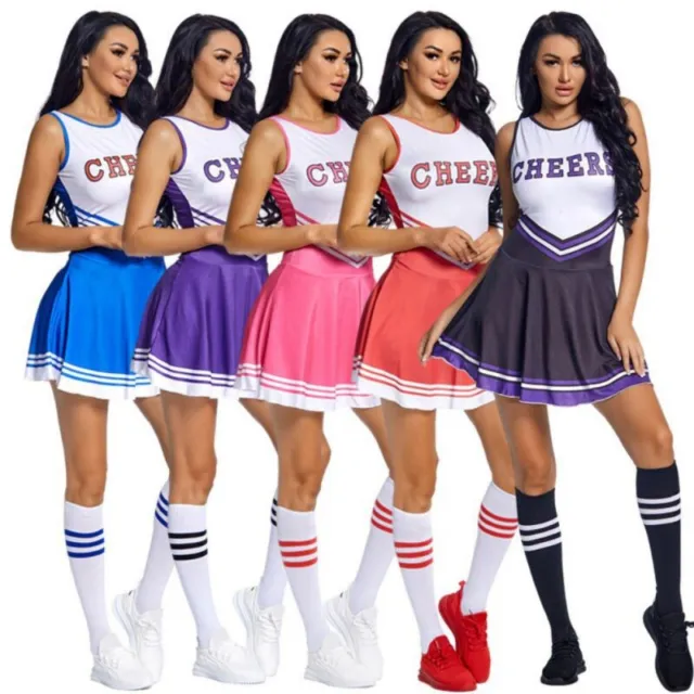 Ladies Cheerleader Costume Adult School Girls Uniform Fancy Dress High School UK