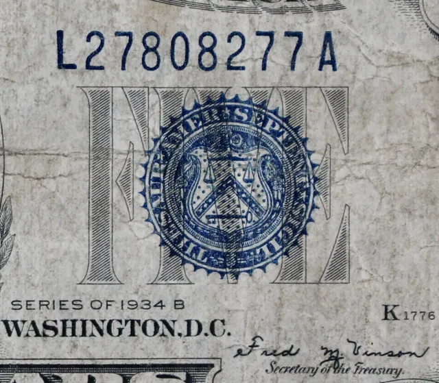 Tough $5 1934B Mule bp 637 blue seal Silver Certificate L27808277A series B