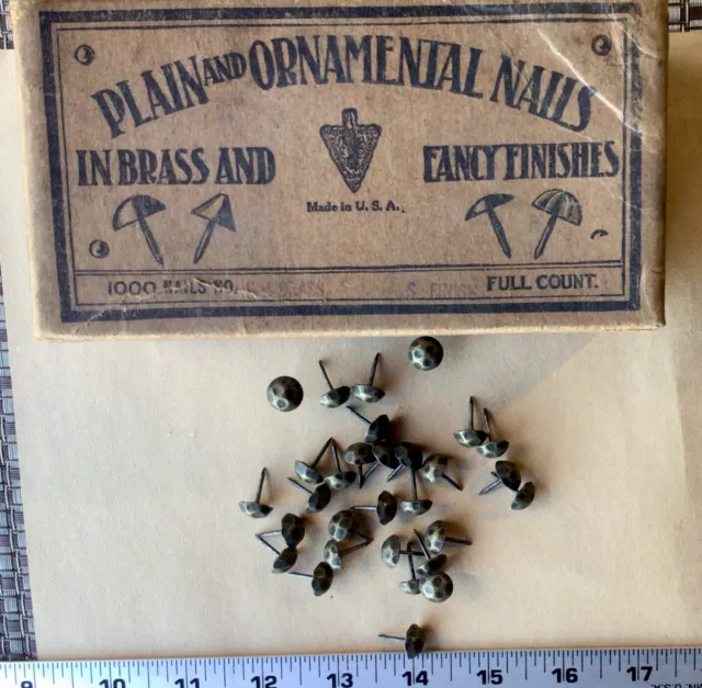 30 Vintage Nos Unused Mattatuck 7/16” Brass Finish Domed Rustic Upholstery Nails