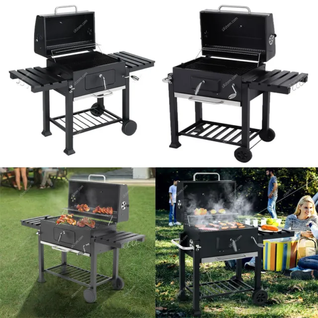 Camping Smoker Charcoal BBQ Grill Outdoor Portable Wheels Foldable Side Tables