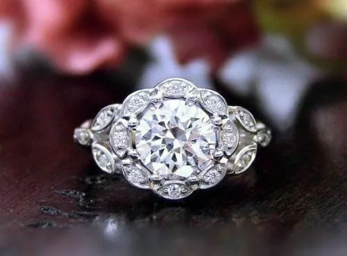 1.75ct Round Moissanite Victorian Floral Art Deco Engagement Ring 14K White Gold
