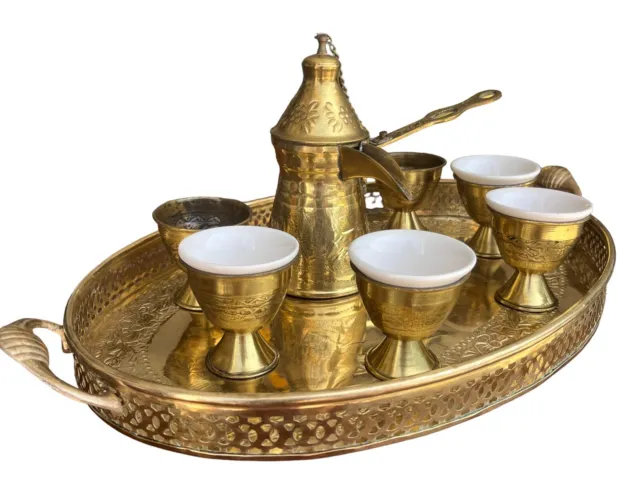 Vintage Brass Islamic Arabic Dallah Turkish Coffee Tea Pot Set 6 Cups