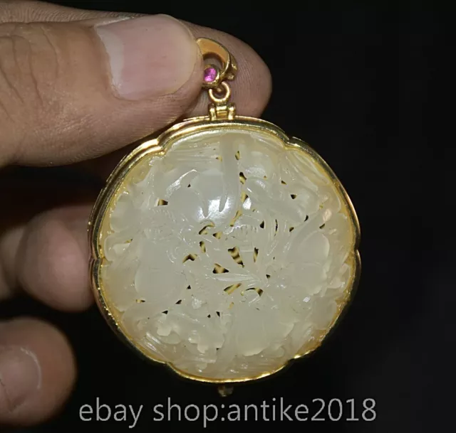 2.2" Old Chinese Hetian Jade Gild Carved Dynasty Palace flower Amulet Pendant