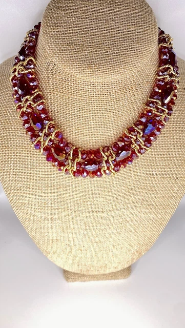 Acrylic AB Necklace reds and blues; Gold Tone, 3 strands; 16” L w/ 3” extender