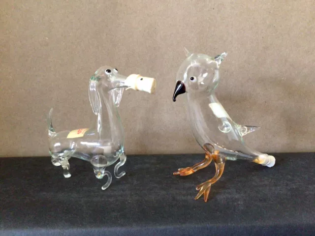 2 VTG Bols Glass Mini Liquor Bottles *Owl* Dog* Animal Hand Blown Labels Empty