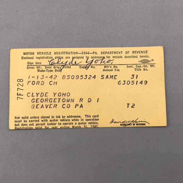 Vintage Motor Vehicle Registration FOR SALE! - PicClick