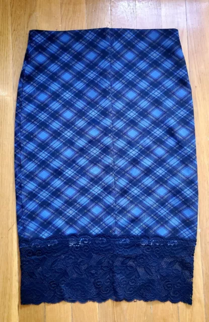 Forever 21 Womens Plaid Blue Pencil Skirt With Lace Trim at the bottom Size S 2