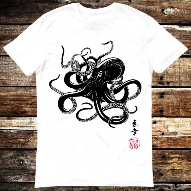 Octopus Calligraphy Gyotaku Japanese Art Manga Martial Samurai Zen T Shirt 6204