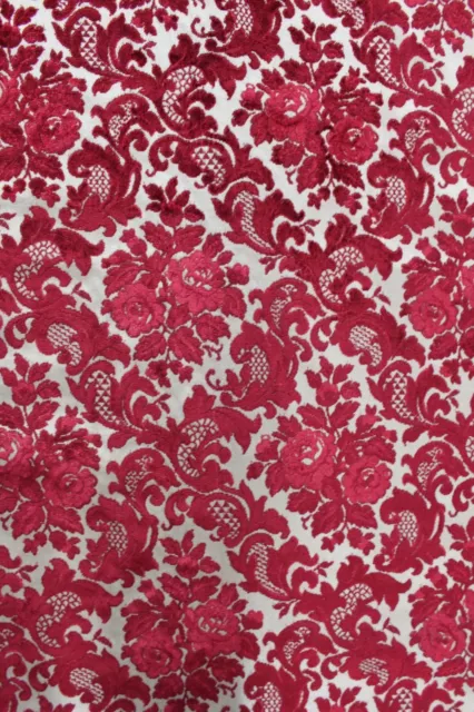 2 2/3 YDS VINTAGE RED & WHITE CUT VELVET 1970 Victorian French Upholstery Fabric