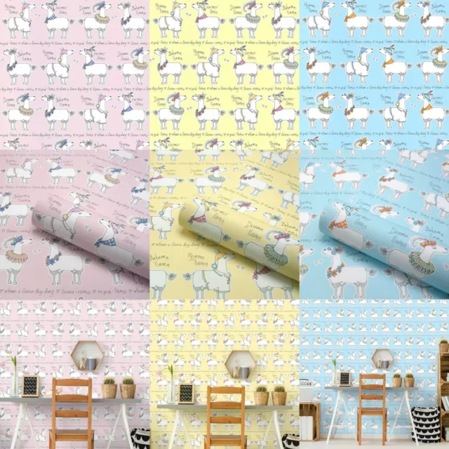 Girls Boys Llama Rama Wallpaper Blush Pink Sky Blue Yellow Children Kids Fun