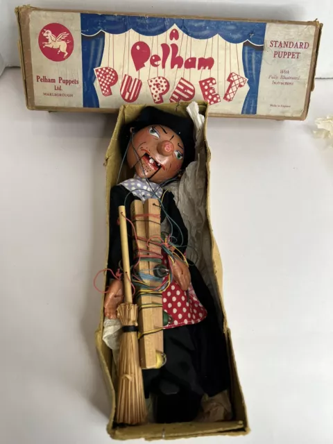 pelham puppets witch marionette in very early box, England vintage toy wooden