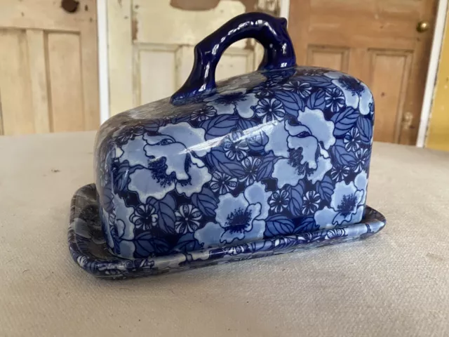 Vintage Blue & White Floral IRONSTONE Lidded Cheese Dish Butter Dish