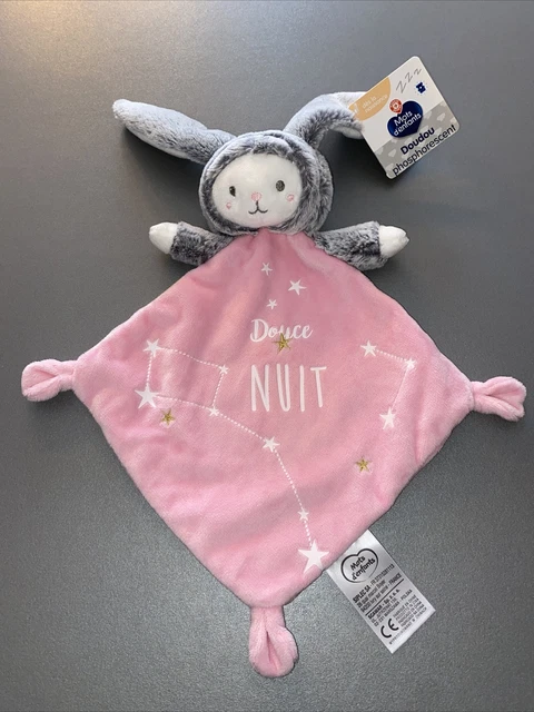 Doudou Plat  MOTS D'ENFANTS Ours Déguisé en Lapin Rose Blanc Gris Douce Nuit