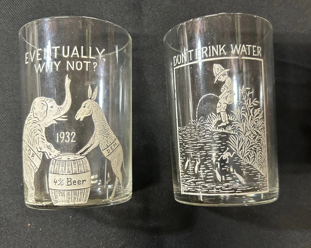 Prohibition Etched Beer Glasses Measure 3 1/2” tall 2 1/2” Wide at the top