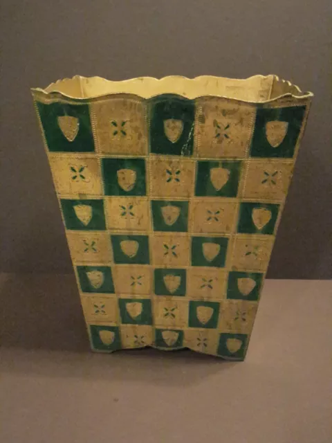 Vtg Florentine Italy Toleware Gold Green Trash Can Checkerboard Shield Lion Vtg Florentine Italy Toleware Gold Green Trash Can Checkerboard Shield Lion