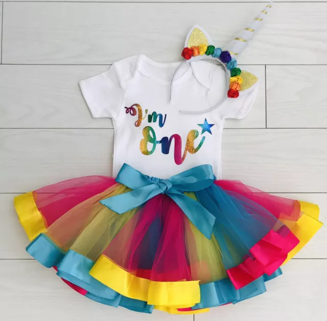 Girls 1st First Birthday Tutu Skirt Unicorn Outfit Rainbow Cake Smash Set One