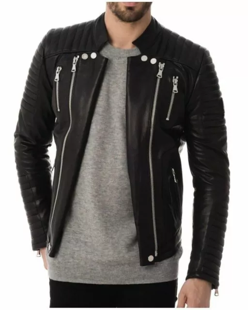 Jacket Leather Mens Vintage Men Motorcycle Coat Biker Size Bomber Suede Black C3